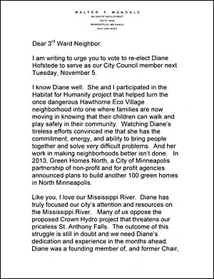 Vice-President Mondale Endorses Diane Hofstede